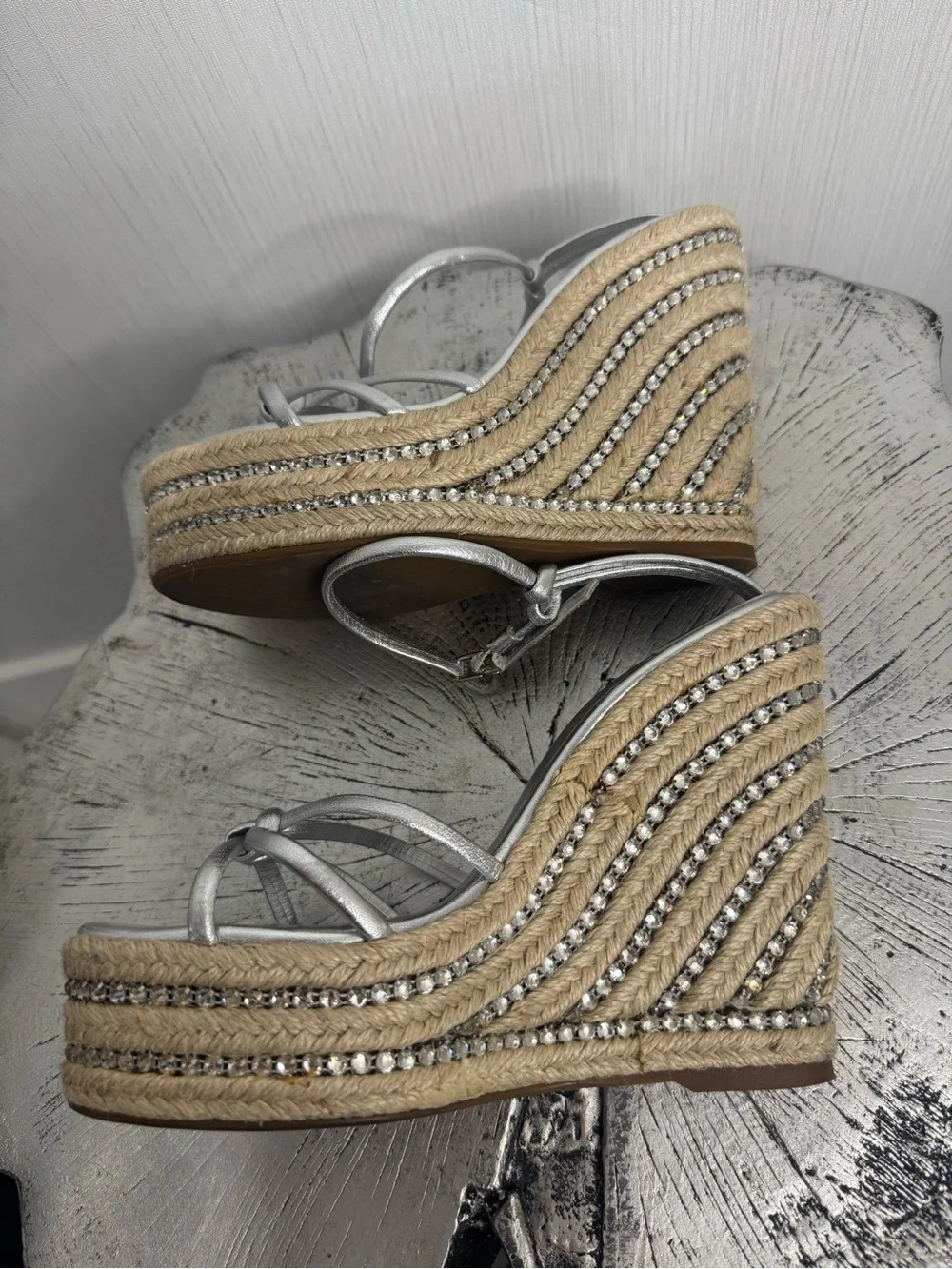 Sophia Webster Alina Metallic Crystal Wedge Espadrilles. Size 37.5! Silver.